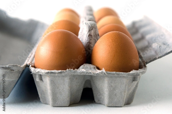 Fototapeta Fresh free range brown eggs in tray