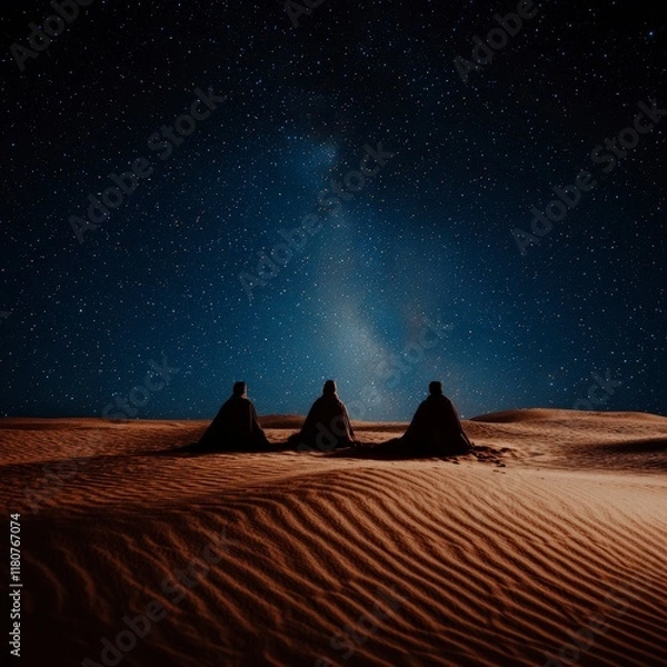 Obraz Starry Night Desert  Three Figures  Spirituality  Night Sky  Sand Dunes
