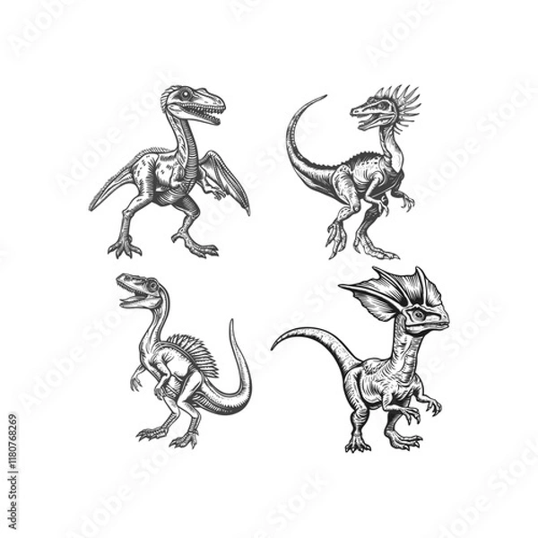 Fototapeta Dinosaurs hand draw engraving design vector template illustration
