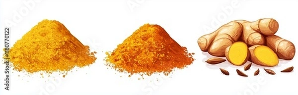 Fototapeta Turmeric, cumin, and ginger set against a white background.
