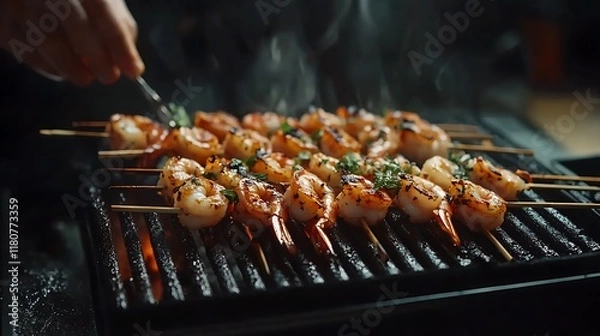 Fototapeta Close-up of grilled shrimp skewers on a barbecue grill with steam rising.
