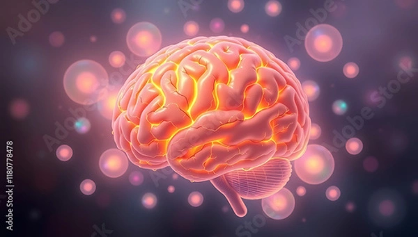 Obraz A serene, glowing brain surrounded by colorful floating orbs symbolizing emotions, set against a gradient background transitioning from calming blues to warm pinks.