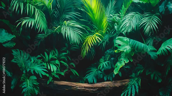 Obraz Lush green tropical foliage background with a weathered log in the foreground, perfect for design projects or nature-themed presentations.