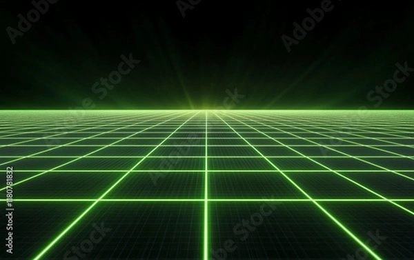 Fototapeta Glowing green wireframe grid fading into dark perspective horizon with geometric neon lines creating futuristic virtual space backdrop