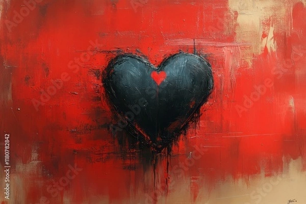 Fototapeta Black Heart on Red Background in Watercolor Style Artwork