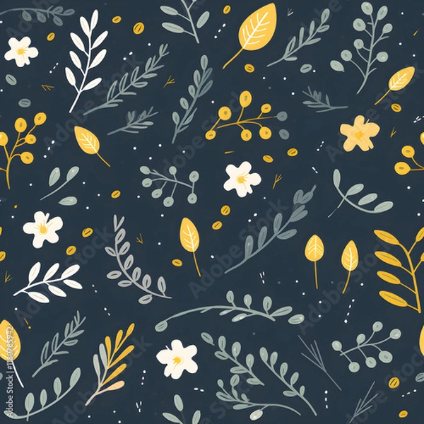Fototapeta Colorful botanical pattern featuring hand-drawn leaves, flowers, and berries on a dark background, ideal for fabric, wallpaper, and stationery designs.