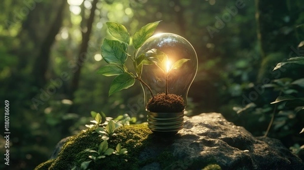 Obraz a green light bulb with a plant inside of it, green energy, environmental light