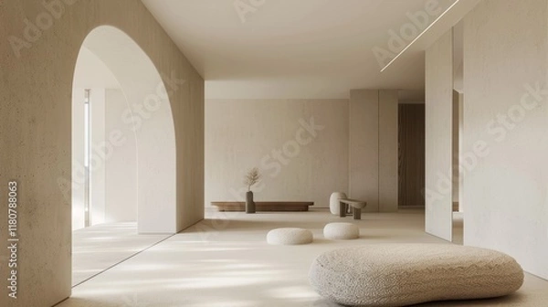 Fototapeta Modern minimalist interior design with natural lighting, cozy textures, and elegant forms, creating a serene and comfortable living space.