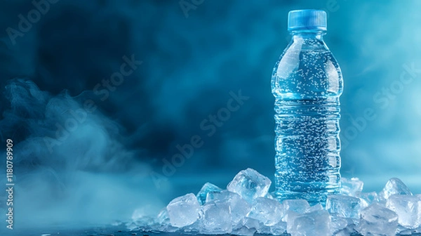 Fototapeta Refreshing bottled water on ice indoor studio beverage photography cool atmosphere close-up perspective hydration concept