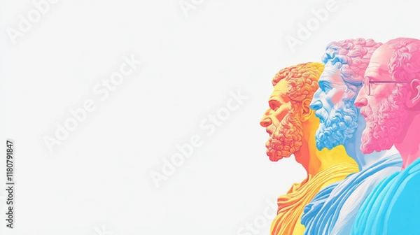 Fototapeta Colorful Illustration of Ancient Philosophers Plato, Socrates, Aristotle, and Seneca Showcasing Their Distinct Styles and Intellectual Legacy in Modern Art