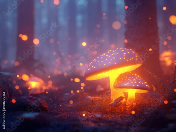 Fototapeta Glowing mushrooms in mystical forest with ethereal lights and fog