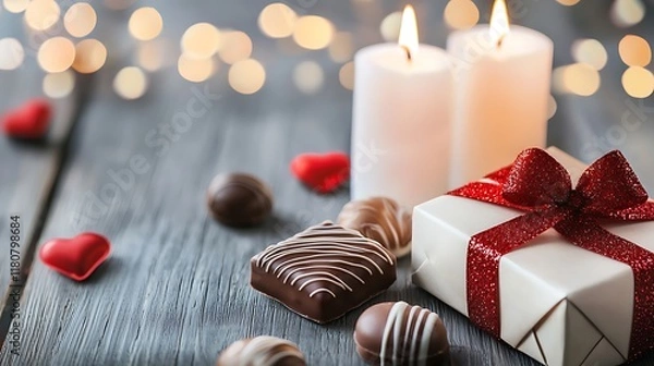 Fototapeta Elegant and cozy Valentine s Day gift set featuring glowing candles delicious chocolates and a festive wrapped present creating a warm and romantic atmosphere