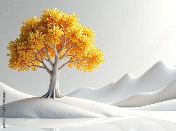 Fototapeta 3D wallpaper with a white tree and golden leaves, a marble background with a landscape. new image