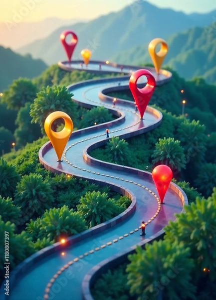 Fototapeta Abstract Representation of Customer Journey Concept with Colorful Location Markers on a Winding Path new image