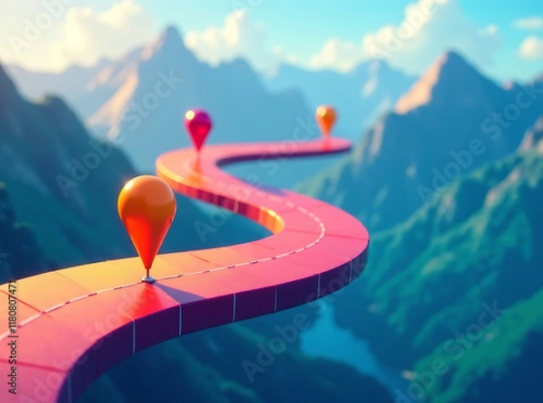 Fototapeta Abstract Representation of Customer Journey Concept with Colorful Location Markers on a Winding Path new image