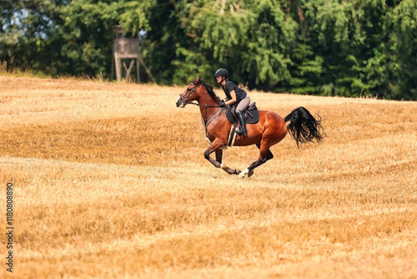 Fototapeta Horse with rider galloping on the stubble field.