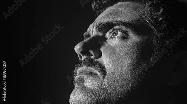 Fototapeta Intense Portrait of a Man Gazing Upwards in Dramatic Lighting, Capturing Emotion and Depth in Close-Up View, Showcasing Intricate Facial Details and Expressions