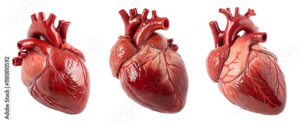 Obraz set of healthy, realistic human hearts with atrium and ventricle, internal organs, isolated on a transparent background with a clipping path cutout