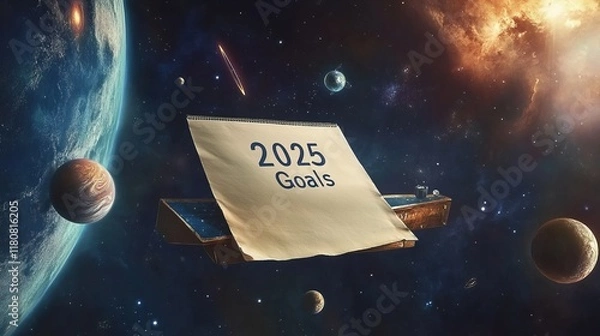 Fototapeta Visionary 2025 Goal Setting in Outer Space on a Floating Desk with Distant Stars