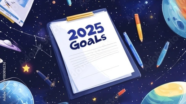 Fototapeta Visionary 2025 Goal Setting in Outer Space on a Floating Desk with Distant Stars