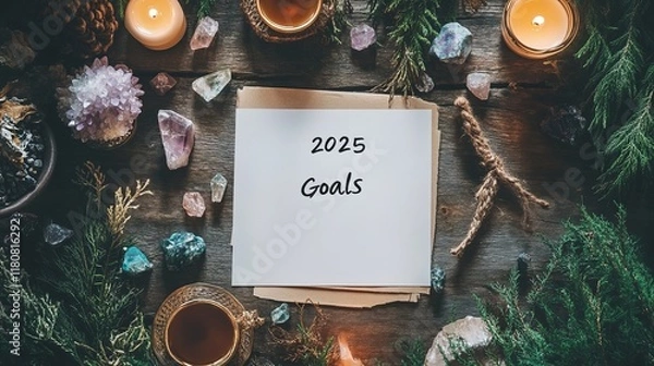 Fototapeta Artistic 2025 Goal Setting on a Creative Desk Surrounded by Colorful Art Supplies