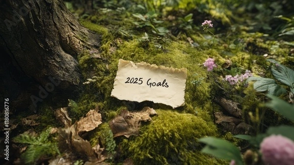 Fototapeta Earthy 2025 Goal Setting with Calligraphy Surrounded by Lush Forest Floor and Nature Elements
