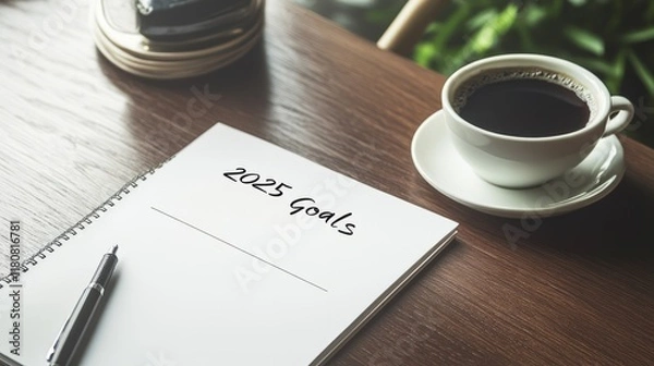 Fototapeta Reflective 2025 Goal Setting with Cozy Atmosphere, Warm Mug, and Flickering Candle