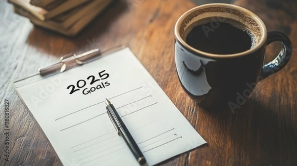 Fototapeta Reflective 2025 Goal Setting with Cozy Atmosphere, Warm Mug, and Flickering Candle