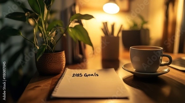 Fototapeta Cozy 2025 Goal Setting by the Fireplace with Elegant Ink Writing and Rustic Parchment