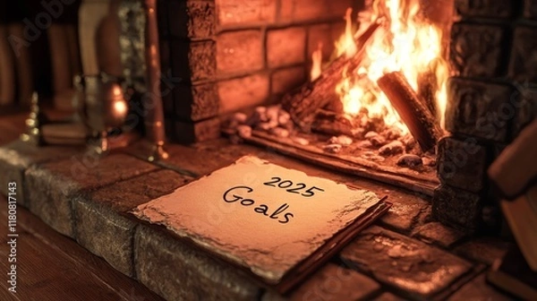 Fototapeta Cozy 2025 Goal Setting by the Fireplace with Elegant Ink Writing and Rustic Parchment