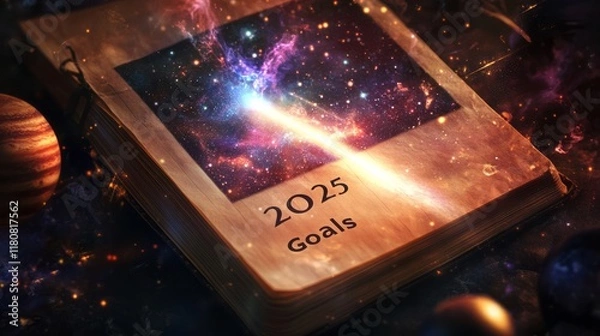 Fototapeta Visionary 2025 Goal Setting in Outer Space on a Floating Desk with Distant Stars