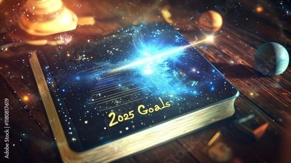 Fototapeta Visionary 2025 Goal Setting in Outer Space on a Floating Desk with Distant Stars