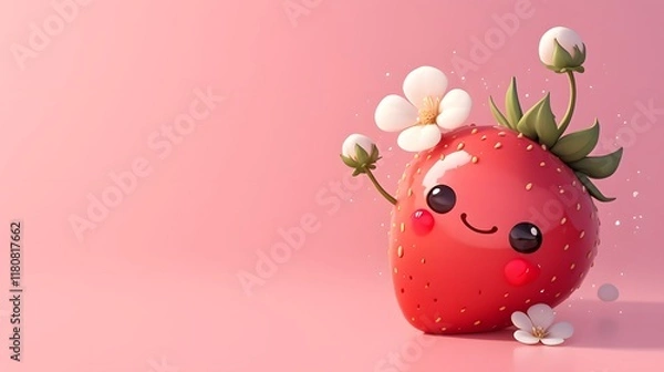Fototapeta A cute smiling strawberry holding a kawaii flower in a 3D digital cartoon style, set against a pastel pink hand-drawn background with space for text.
