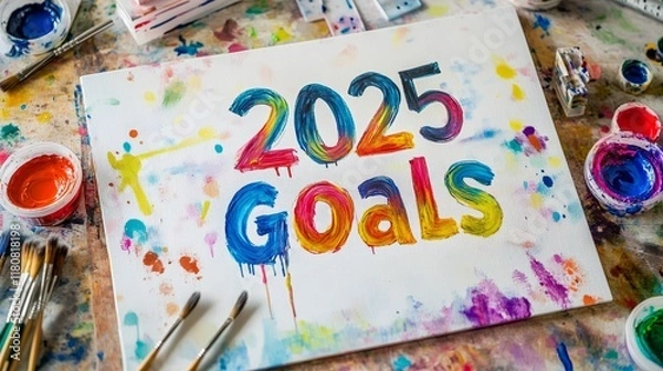 Fototapeta Abstract Geometric 2025 Goal Map with Floating Orbs and Colorful Swirls