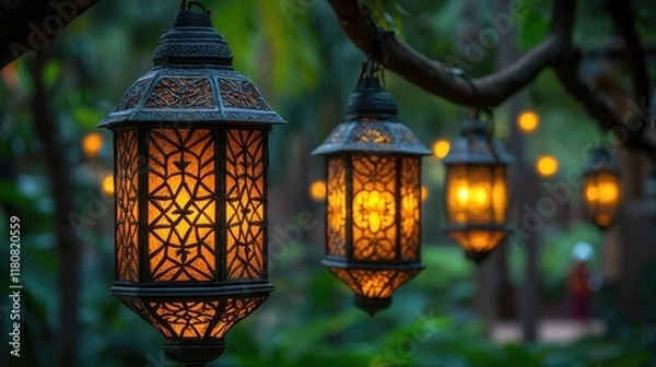 Fototapeta Captivating Garden Lanterns: Illuminating a Serene Night.  Intricate metal designs cast a warm, enchanting glow, creating a magical ambiance perfect for relaxation and celebration.