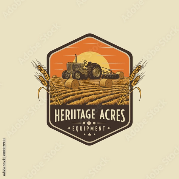 Fototapeta A vintage tractor harvests hay in a field at sunset; the image is designed as a logo for heritage acres equipment.
