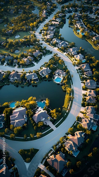 Fototapeta Aerial view of a suburban neighborhood with winding roads and water features.