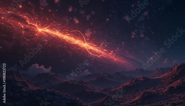 Fototapeta Fiery Cosmic Stream Over Alien Mountain Range