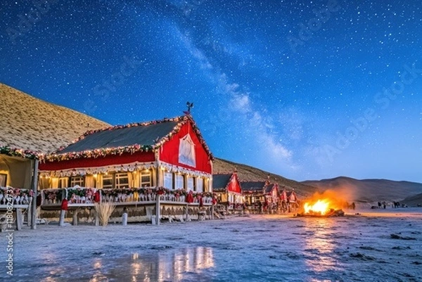 Fototapeta A vibrant red building under a starry sky with a campfire, showcasing a serene landscape.