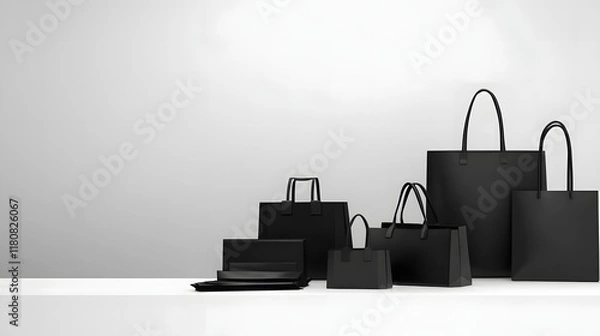 Fototapeta Shopping bags neatly arranged on a sleek counter, symbolizing the balance between consumerism and organization in modern retail environments.
