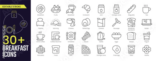 Obraz Breakfast Stroke icon collections. Containing Breakfast, Fruits, Croissant, Jam, Orange Juice, Baguette, Tea, Omelette and more icons. Editable Stroke icon collection Outline icon