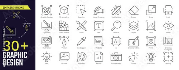 Obraz Graphic Design Stroke icon collections. Containing Graphic Design, 3D Modeling, Selection, Hand Drawing, Tool, Setting, Eraser, and more icons. Editable Stroke icon collection Outline icon