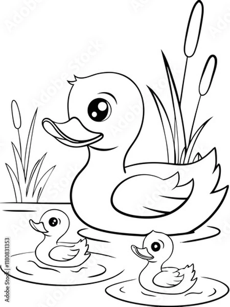 Fototapeta Adorable Ducklings Family Pondside Ready-to-print coloring page on standard 8.5x11 inch paper