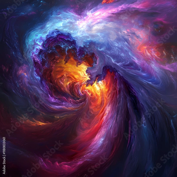 Obraz A swirling galaxy of vibrant colors, nebulae blending into starry voids, fractal patterns forming surreal landscapes, glowing energy flows, ultra-detailed, mesmerizing abstract composition