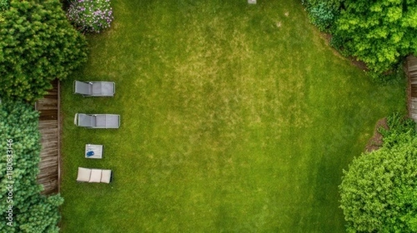 Fototapeta Aerial view of a lush green lawn with lounge chairs and surrounding trees.