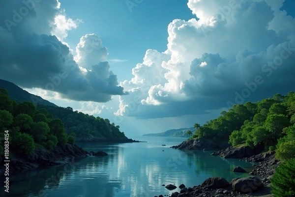 Fototapeta The sky is filled with stormy clouds above a winding coastal river with lush trees, landscape, clouds