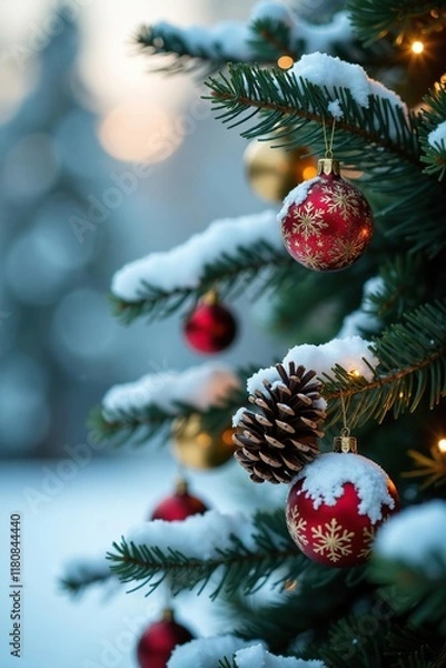 Fototapeta Ornamented tree with snow-covered branches and pinecones, festive, pinecone