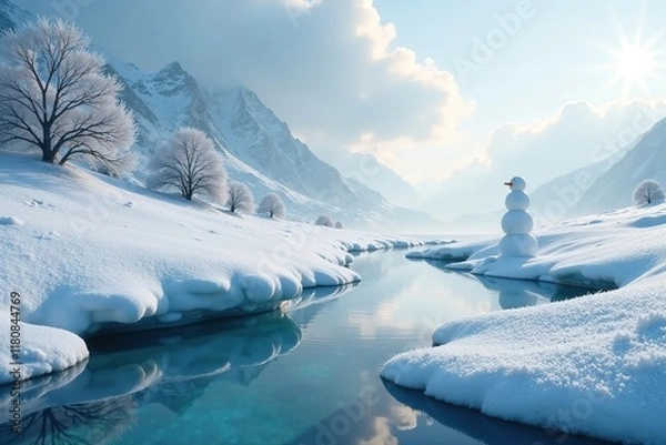 Obraz Frosty landscape with snowman in the distance, frost, snow-covered hills, icy waters