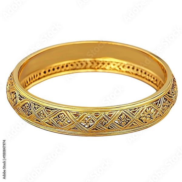 Fototapeta Elegant gold bangle bracelet with intricate design, isolated on a white background.