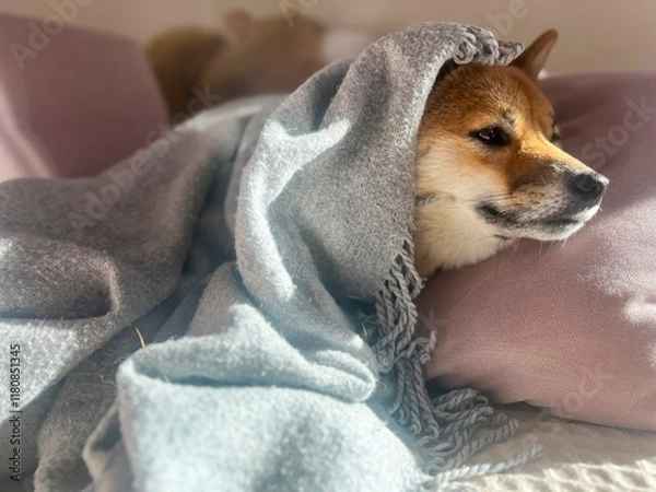 Fototapeta Pensive Shiba Inu with a sorrowful expression, head nestled under a blanket. The mood is reflective and contemplative. High quality close-up photo. copy space available.